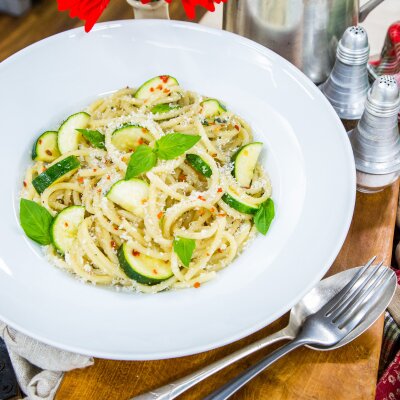 Summer Bucatini Pasta, Ricotta, Basil and Zucchini