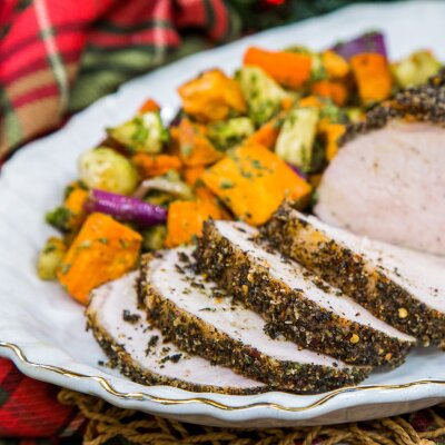 Herb and Pepper Crusted Pork Loin with Walnut Parsley Pesto Vegetables