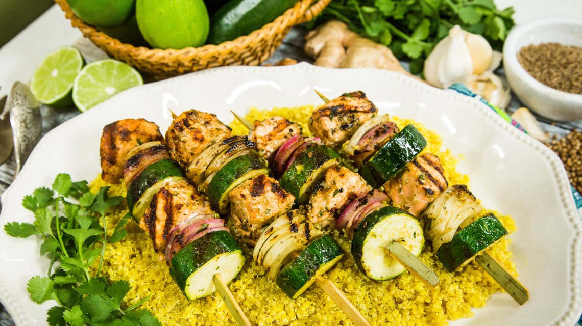 Spiced Salmon Kebabs with Spiced Quinoa