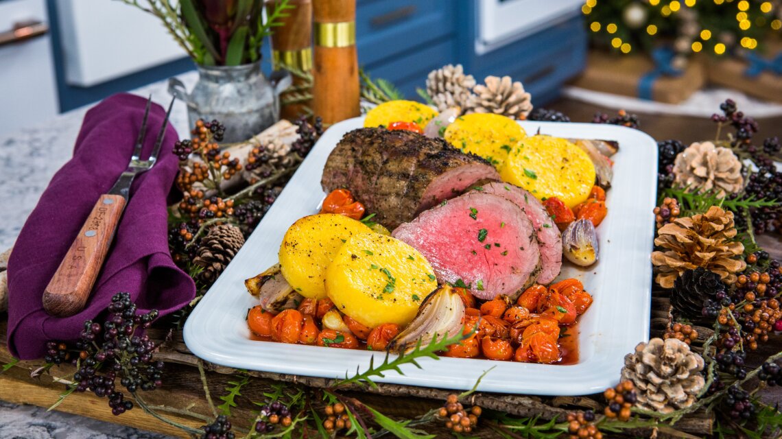 Ellie Krieger - Beef Tenderloin with Rosemary, Balsamic Roasted Tomatoes, Shallots, and Polenta