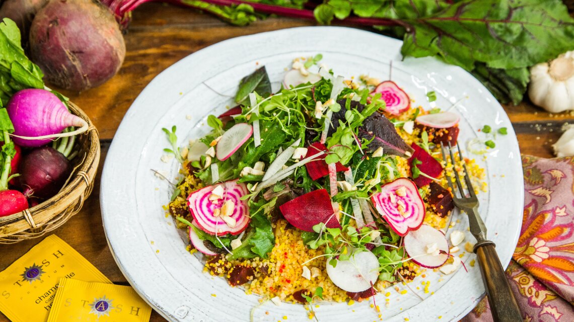 Turmeric and Red Beet Couscous with Shaved Vegetables and Greens