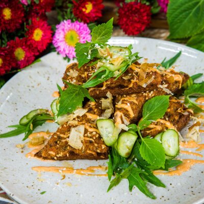 Antonia Lofaso - Shrimp Toast with Sriracha Aioli, Pickled Cucumber, Mizuna and Shiso
