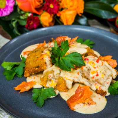 Toya Boudy - Fried Ravioli with Sweet Pepper Cream and Smoked Salmon