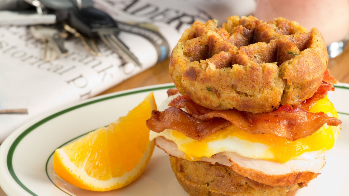 Leftover Turkey and Stuffing Breakfast Waffle Sandwich